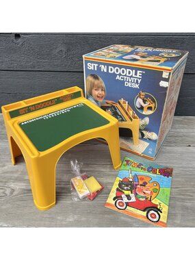 Vtg Durham Industries Sit 'N Doodle Desk 1980 w/ Box Chalk Crayons Coloring Book